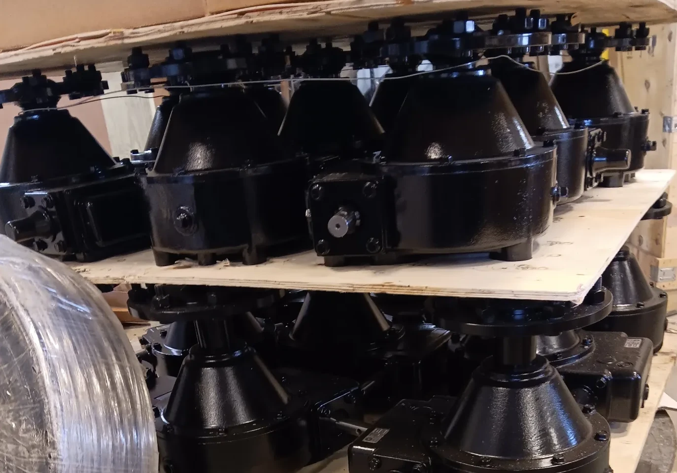 Close-up of aftermarket center drive gearboxes for center pivots