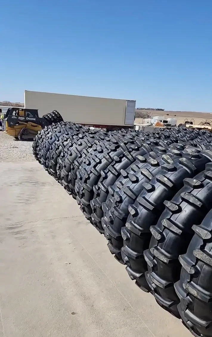 Row of new center pivot irrigation tires ready for shipment